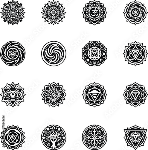 Set of Glyph Style Religious Chakra Symbols Icons 

