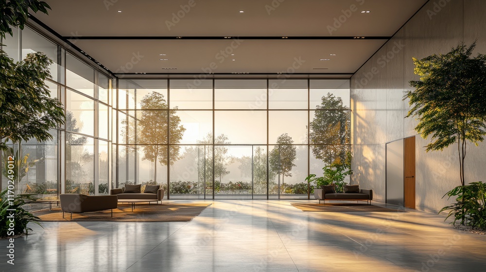 Fototapeta premium Modern office space with no furniture, large glass walls, and natural lighting