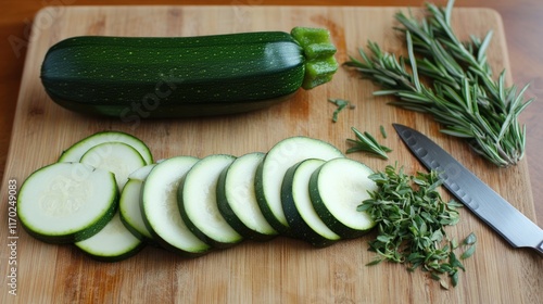 Fresh zucchini slices and herbs ready for cooking. photo