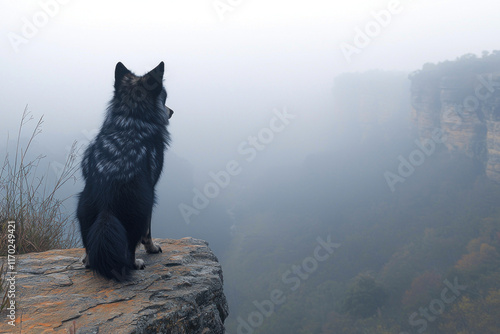Dog sits on cliff edge overlooking misty valley.