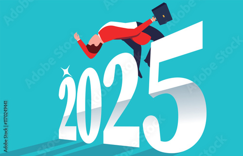 Challenging courage and motivation, new challenges and opportunities, businessmen jumping high jumping numbers 2025