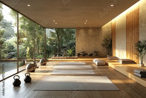 Serene yoga and fitness studio with natural light and views of lush greenery.