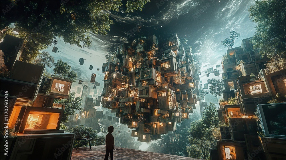 Obraz premium Surreal Cityscape: A Boy Gazes at a Floating City