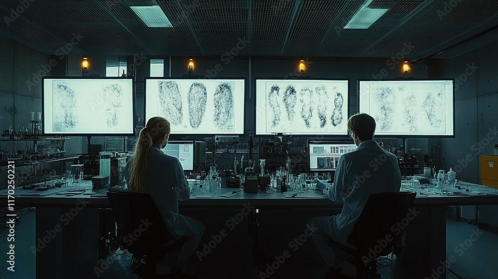Two scientists analyze medical images on large monitors in a modern laboratory. Two scientists analyze medical images on large monitors in a modern laboratory.
