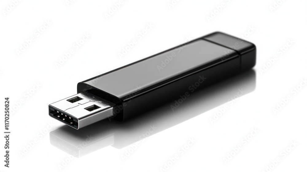Black USB flash drive on white background. Black USB flash drive on white background.
