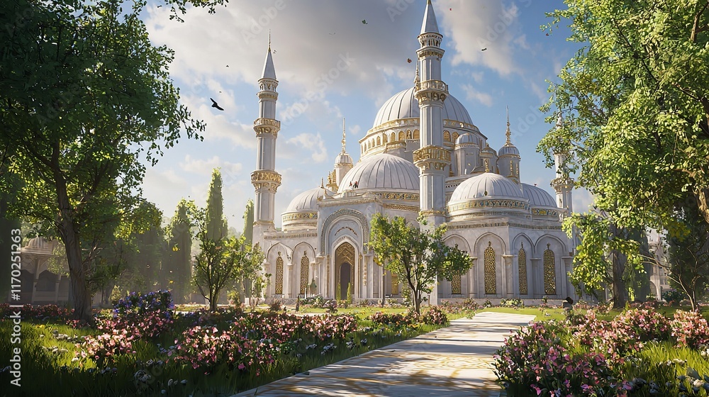 Fototapeta premium A grand mosque with intricate architecture and lush surroundings under a blue sky.