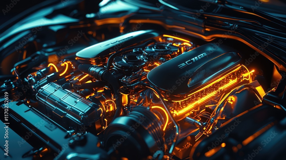 Illuminated Engine Bay with Detailed Mechanical Components Illuminated Engine Bay with Detailed Mechanical Components