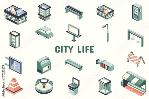 City Life Lineal Color Vector Illustration Icon Sticker Set Design Materials