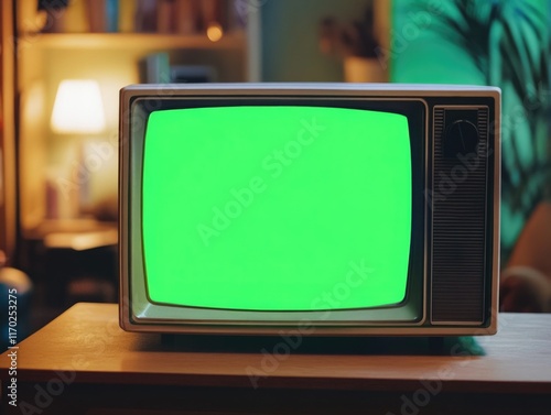 White television with a green screen is sitting on a wooden table. The television is turned off, and the screen is displaying a bright green color. The room is dimly lit photo