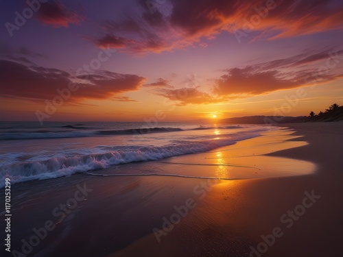 Postcard Serenity: Vibrant Sunset Over a Tranquil Beach Horizon