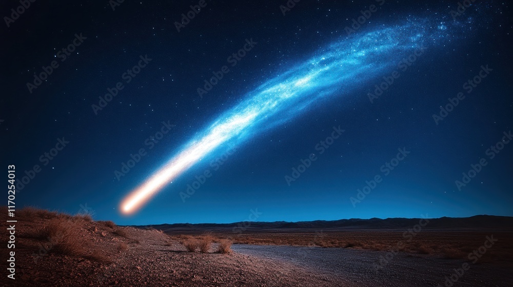 Bright comet streaks across night sky over desert landscape. Bright comet streaks across night sky over desert landscape.