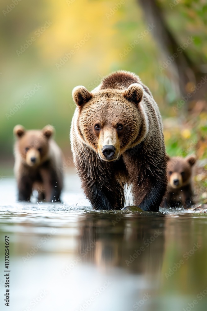 A bear catching fish while her cubs wait on the riverbank. A bear catching fish while her cubs wait on the riverbank.