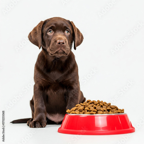 Dunkler Labrador Welpe vor Futternapf 