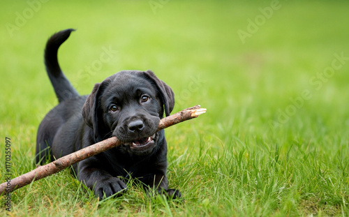 Dunkler Labrador Welpe auf grüner Wiese mit Ast im Mail