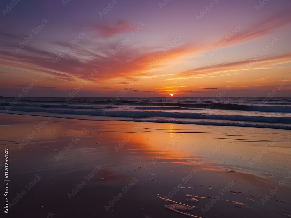 Fototapeta premium Serene Sunset: Vibrant Orange, Pink, and Purple Over a Tranquil Beach