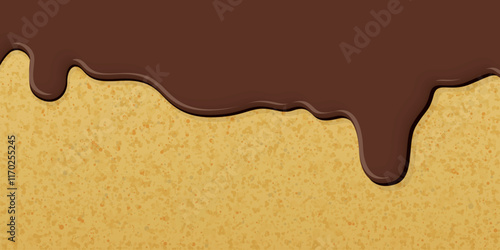 Melted milk chocolate pouring on sponge cake texture background graphic illustration.