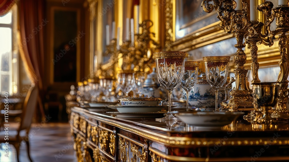 Obraz premium Elegant Dining Table Setting with Antique Silver and Crystal Glassware