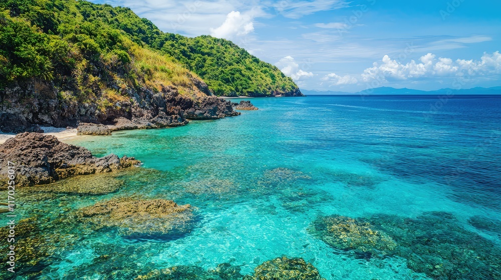 Fototapeta premium Stunning Tropical Beach with Clear Water and Rocky Coastline