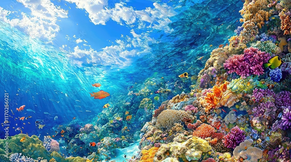 Fototapeta premium Underwater Paradise with Colorful Coral Reef and Vibrant Fish Swim