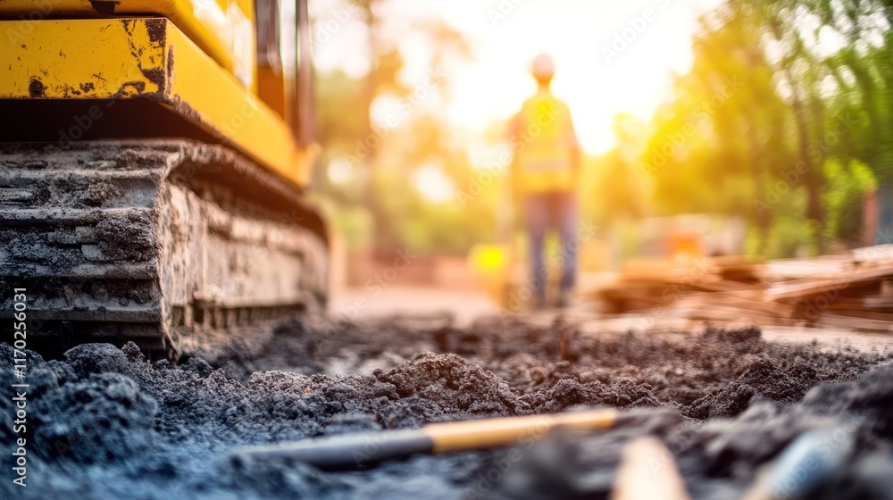Construction site with machinery and a worker in the background during sunset.
