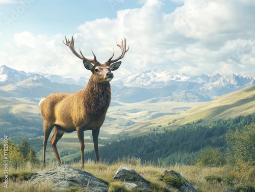 Stunning image of a majestic red deer with large antlers standing in the breathtaking mountainous landscape. photo