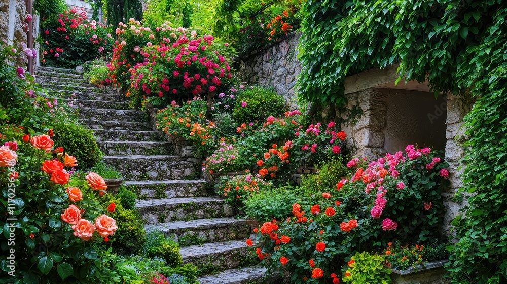 Naklejka premium Beautiful Garden Pathway Surrounded by Vibrant Flower Blooms