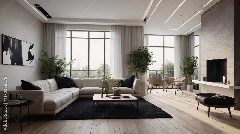 Fototapeta premium Modern contemporary black and white living room with plush couch intricate rug and panoramic windows adding brightness to the home’s sleek interior design