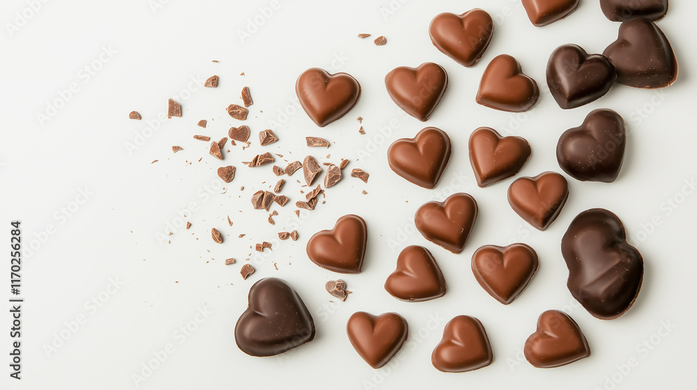 milk and dark heart-shaped chocolates with chocolate shavings milk and dark heart-shaped chocolates with chocolate shavings