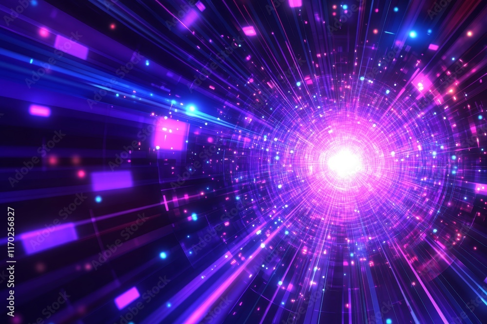 Abstract glowing tunnel with vibrant light streaks and particles. Abstract glowing tunnel with vibrant light streaks and particles.
