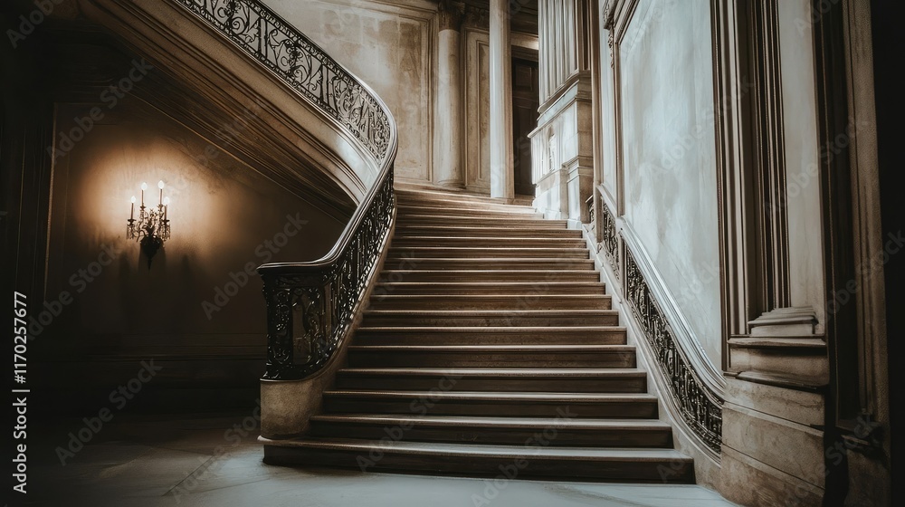 Obraz premium Elegant Curved Staircase in Historical Building with Ornate Railing
