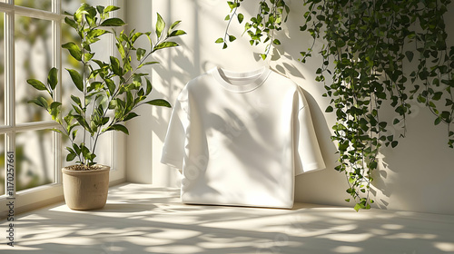 Sunlight Dapples White Shirt, Green Plants photo