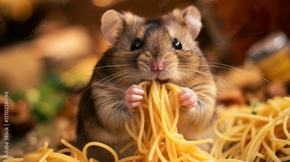 Fototapeta premium Hamster is eating spaghetti