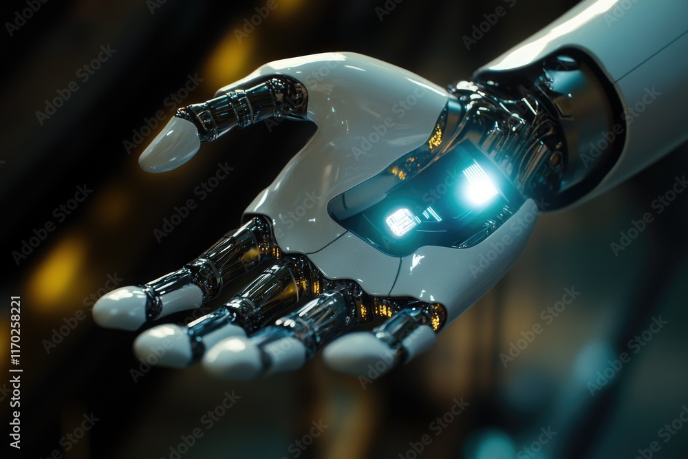 Robotic hand with a light on it. The hand is white and the light is blue. Concept of technology and innovation Robotic hand with a light on it. The hand is white and the light is blue. Concept of technology and innovation