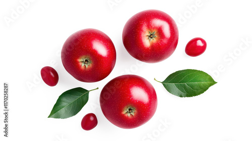 Three red apples with green leaves on top of a white background on transparent background