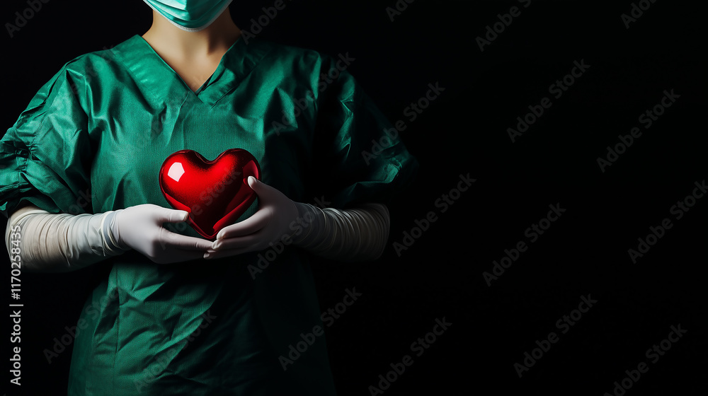 healthcare worker holding red heart on dark background healthcare worker holding red heart on dark background