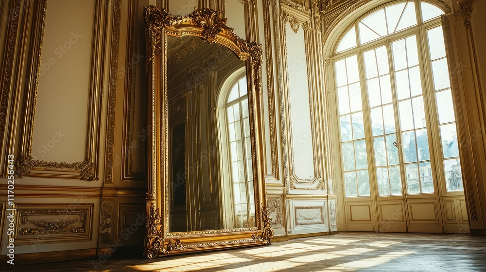 Fototapeta premium Elegant Baroque Style Room with Large Ornate Mirror Reflected Light