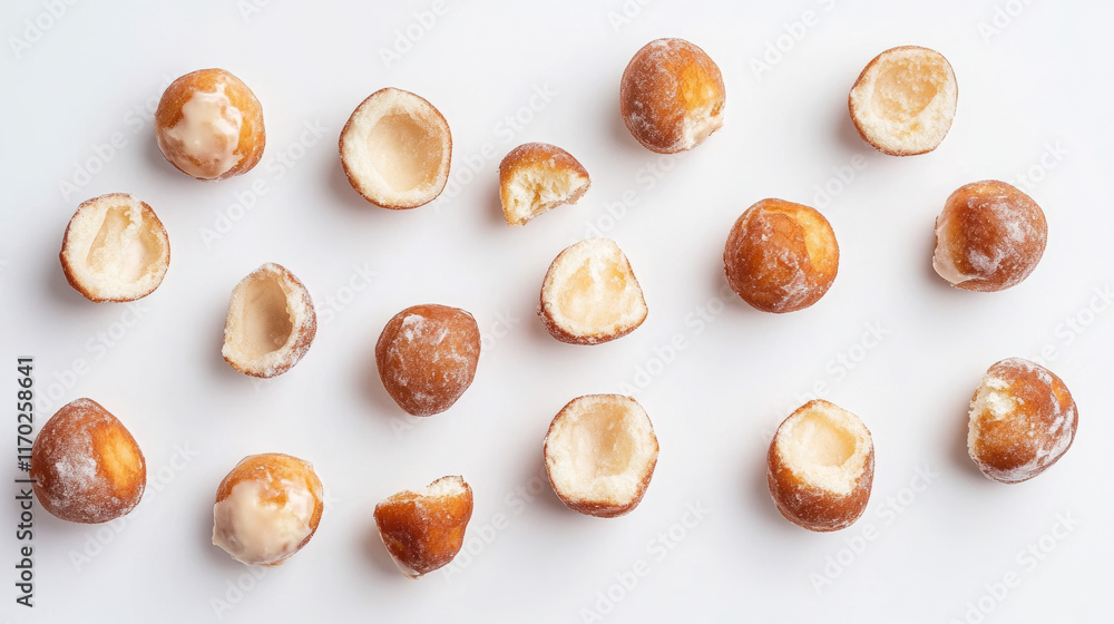 Donuts isolated set. Fresh donut, bitten and half a donut on a white background, top view. Donuts isolated set. Fresh donut, bitten and half a donut on a white background, top view.