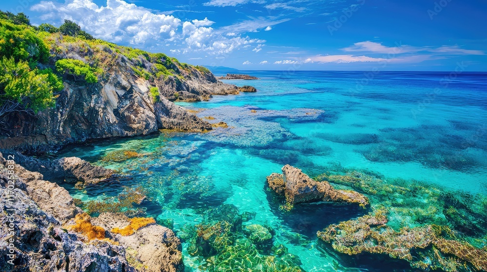 Vibrant Coastal Landscape with Clear Blue Water and Rocky Shoreline Vibrant Coastal Landscape with Clear Blue Water and Rocky Shoreline