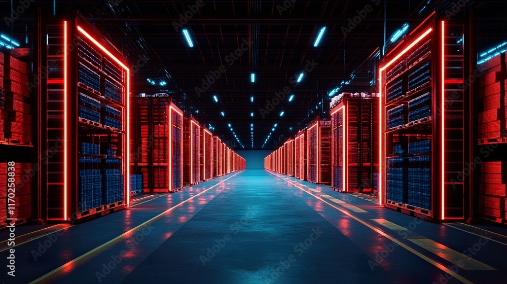 Fototapeta premium Futuristic Warehouse: Neon Lights and Industrial Design
