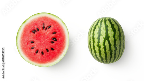 A watermelon is cut in half, revealing its juicy red interior on transparent background