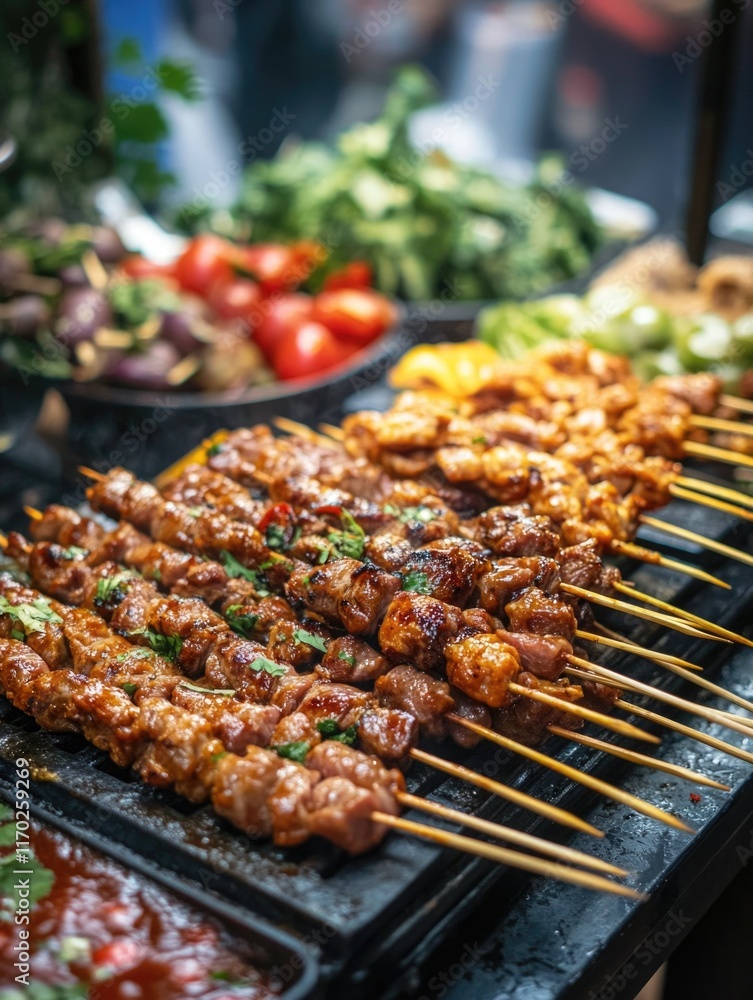 A variety of meat skewers on a metal grill, including lamb and beef kebabs, in an outdoor market setting. A variety of meat skewers on a metal grill, including lamb and beef kebabs, in an outdoor market setting.