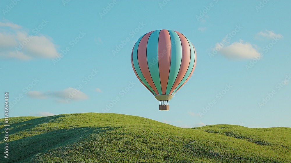 Obraz premium Pastel hot air balloon floats over rolling green hills