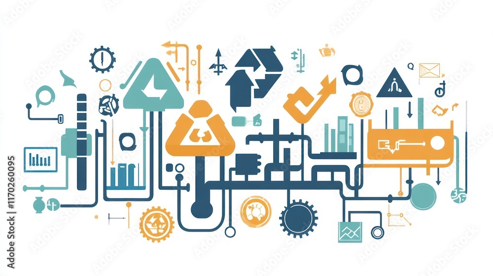 A colorful illustration featuring various technology and recycling symbols interconnected. A colorful illustration featuring various technology and recycling symbols interconnected.