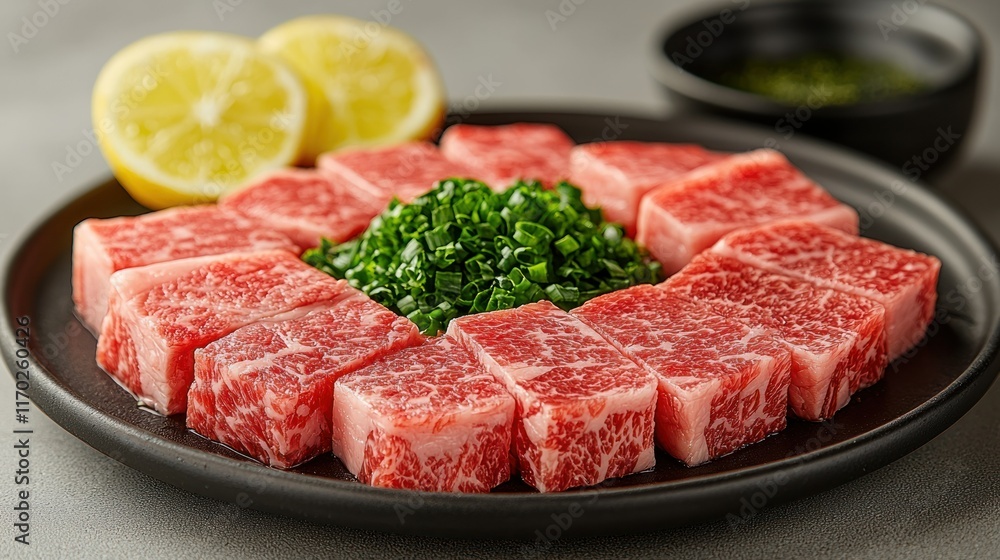 Slices of marbled beef with green garnish and lemon. Slices of marbled beef with green garnish and lemon.