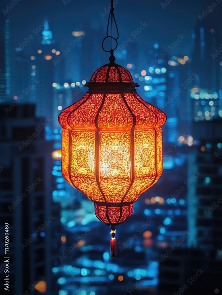 Red lantern hanging from a lamp post in a city at night. The lantern is lit up and casts a warm glow on the surrounding buildings. Concept of calm and tranquility Red lantern hanging from a lamp post in a city at night. The lantern is lit up and casts a warm glow on the surrounding buildings. Concept of calm and tranquility