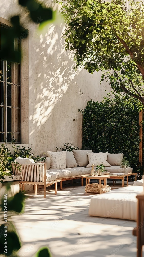 Obraz premium Cozy Outdoor Lounge with Natural Light and Greenery Surround