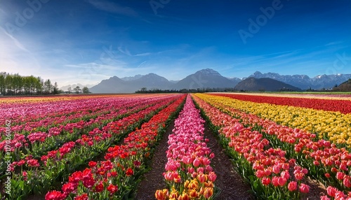 Wallpaper Mural 赤、黄、ピンクの花が整然と並び、遠くに青空と春霞の山々と広大なチューリップ畑 Torontodigital.ca