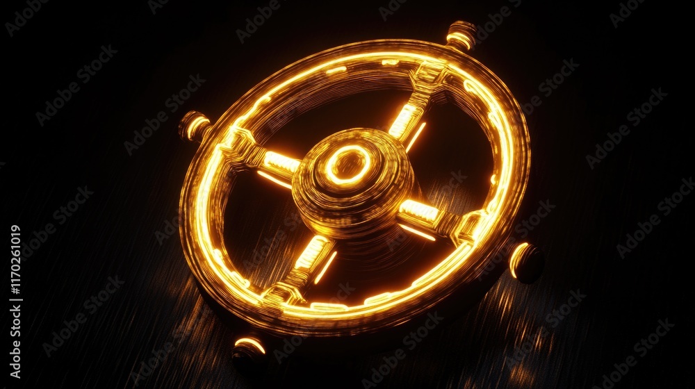 Golden wheel with a glowing center. The wheel is surrounded by a dark background. The glowing center of the wheel gives the impression of a glowing object or a light source Golden wheel with a glowing center. The wheel is surrounded by a dark background. The glowing center of the wheel gives the impression of a glowing object or a light source