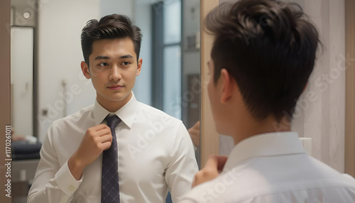 Young Professional Adjusting Tie in Front of Mirror