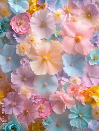 Colorful bouquet of flowers with a variety of colors including pink, blue, and yellow. The flowers are arranged in a way that creates a sense of harmony and balance. Scene is cheerful and uplifting